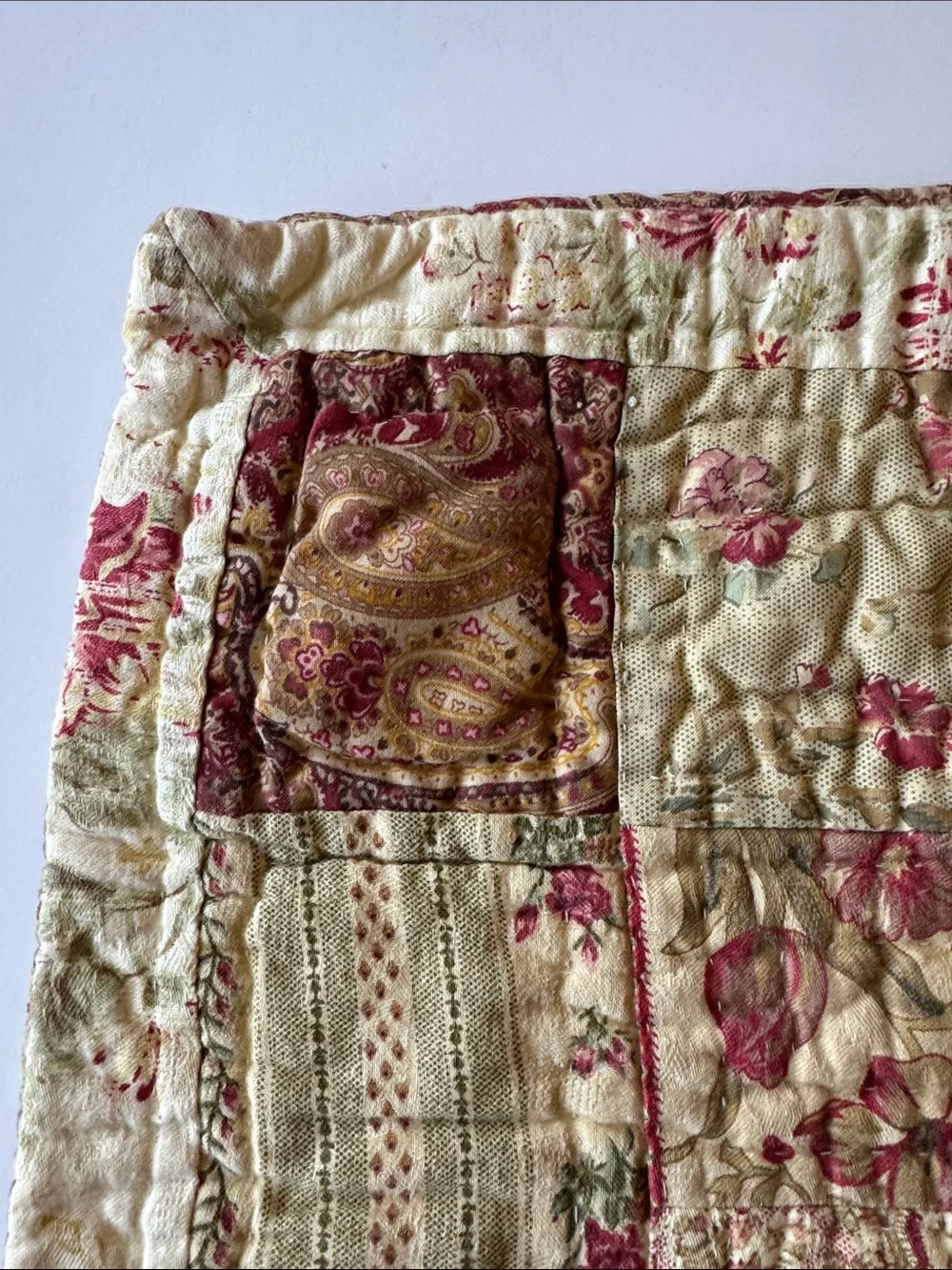 Vintage 16” Quilted Pillow Shams in Cream and Burgundy